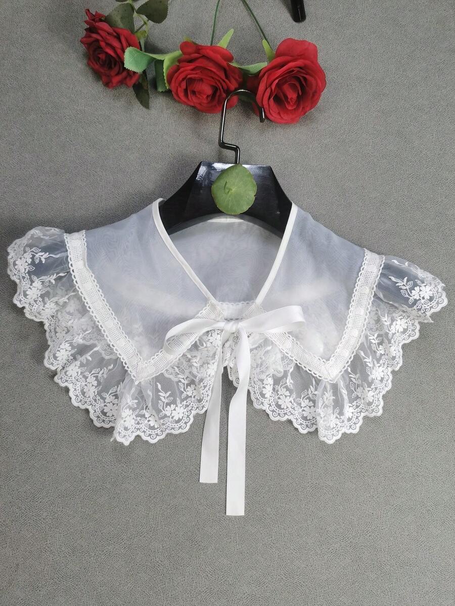 1件女款白色精緻水溶性刺繡蕾絲純色波希米亞風聚酯纖維時尚內搭上衣 春秋冬款時尚假領 - 白色i - 查看 1