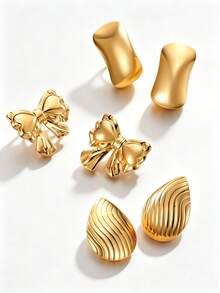 3-Piece Textured Gold Stud Earrings Set, Hypoallergenic 304 Stainless Steel, Includes Bow, Water Drop, Curved Earrings, Suitable For Casual, Office, Evening Wear - Gold - View 4