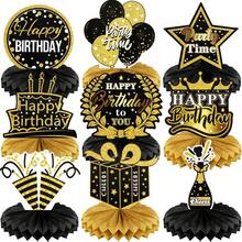 9Pcs Black Gold Happy Birthday Honeycomb Table Centerpieces Glitter Cake Crown Gift Box Champagne Balloon Star Cutouts Mult‑Age Birthday Party Table Decor Supplies - X260817E - View 9