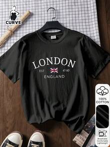Camiseta de manga corta de talla grande para mujer London Muster, informal, a la moda, de tela suave de algodón, para uso en exteriores, con estampado, para verano. - Negro - Ver 1
