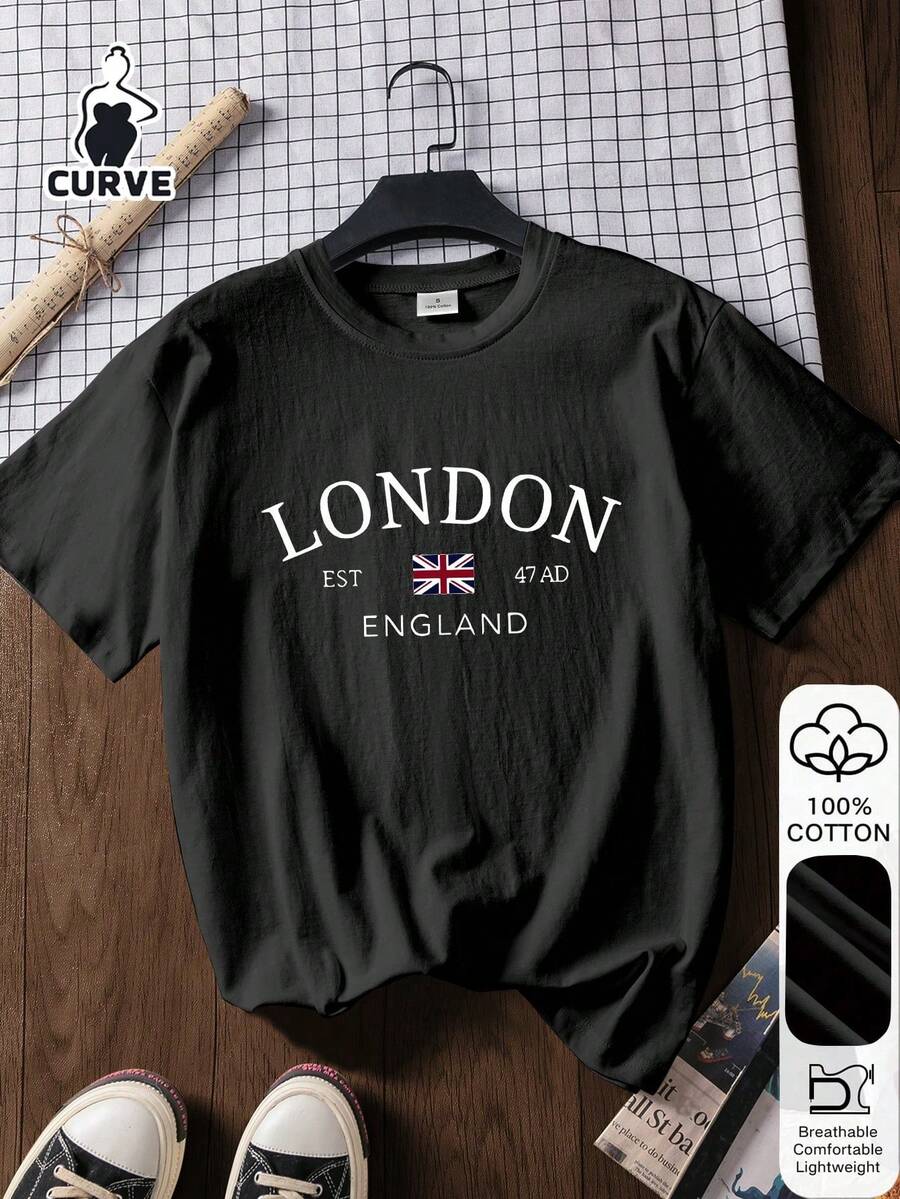 Camiseta de manga corta de talla grande para mujer London Muster, informal, a la moda, de tela suave de algodón, para uso en exteriores, con estampado, para verano. - Negro - Ver 1