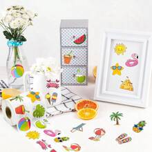 500pcs Asymmetrical Summer Beach Doodle Stickers, 2 Styles, 1 Inch Assorted Patterns Incl. Beach Volleyball, Coconut Tree, Waterproof Seal Labels For Envelopes, Magazines, Phone Cases, Cups, Helmets, Scrapbooks, Party Gifts, PVC Sticker Seals - Alien Summer Beach - View 3