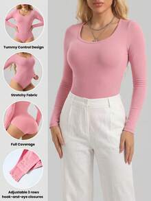 1pc Women's Black Seamless Crew Neck Long Sleeve Shapewear, Full Coverage Comfortable Jumpsuit - Pink - View 2