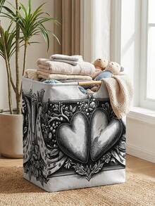 1PC Storage Basket, Laundry Hamper, Washing Basket, Storage Bucket, Heart‑Pattern Printed Design, Storage Basket With Wooden Handle, Foldable Multi‑Purpose Storage Bin, For Daily Clothes Storage & Organization - Multicolor - View 5