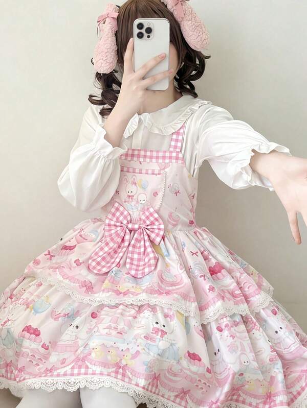 1pc Lolita Style Cute Pink Rabbit Design Cami Dress Fall