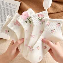 5 Pasang Kaos Kaki Anak Perempuan Balita Motif Bunga dan Pita Lucu, Kaos Kaki Pendek Bergaris Lembut, Kaos Kaki Kasual Motif Bunga Merah Muda untuk Pakaian Sehari-hari dan Sekolah Anak-anak - Putih - View 9