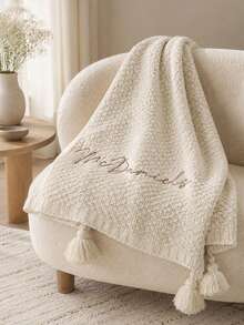 1pc Personalized Script Embroidery Knitted Blanket, Custom Text Tassel Trim Knit Throw, Multi Color Selection, Decorative Bedding Cover, Ideal Holiday Gift For Housewarming, For Partners, Close Friends, Family Members - Multicolor - View 6