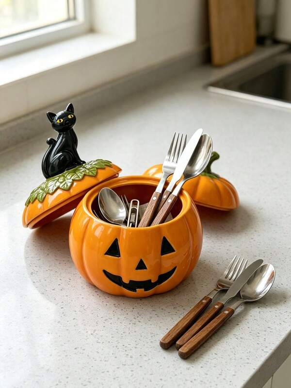 1 hũ đựng hình bí ngô Halloween với nắp mèo đen, hộp đựng đa năng cho mặt bếp, hũ trang trí bàn tiệc ngày lễ