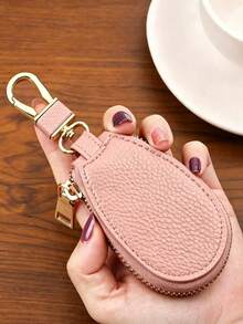 Compact Genuine Leather Key Pouch With Zipper And Hook, Durable And Stylish Leather Car Key Ring Protective Case, 360° Full Protection, With Safety Chain To Prevent Keys From Scratching Phone - Multicolor - View 12