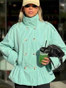 Fashionable Women's Light Green Regular Fit Trench Coat, Double-Breasted Design, Lapel Collar Long Sleeve, Versatile For Autumn - Mint Green - View 9