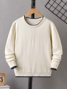 Boys' Round Neck Long Sleeve Knit Sweater, Simple Cable Knit Contrast Stripe College Style Casual Versatile Pullover, Suitable For Campus Daily Wear In Spring, Autumn And Winter - Apricot - View 2
