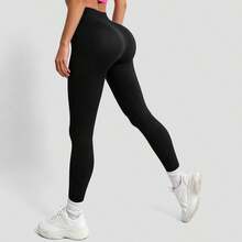 Seamless Ribbed Fitness Leggings, Slim Fit Slim Fit Workout Leggings, Multi-Scenario Training Activewear Sports - Black - View 7