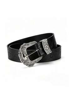 1pc New Leaf Print Lucky Clover Vintage Carved Niche Design Leather Belt, Versatile For Jeans And Dresses - Leaf - View 3