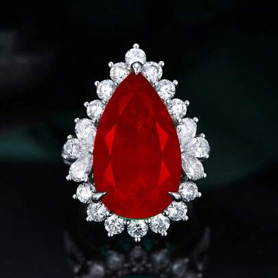 European & American Elegant White Gold Plated Teardrop Red Zirconia Exaggerated Open Ring For Women