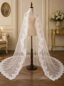 Upgraded Exquisite Comfort Style: Elegant Vintage Lace Bridal Veil, With Lace Ruffle Train, Suitable For Vienna Cathedral And Church Weddings, Halloween - Multicolor - - View 11