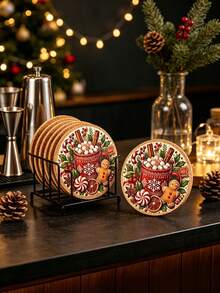 12/6pcs Set Christmas Gingerbread Man Theme Wooden Coaster Set - Christmas Gingerbread Man Design, Perfect For Home, Office, Cafe Or Tea Room Decoration And Holiday Table Setting | Holiday Coasters | Wooden Coasters, Desktop Protection Pads, Perfect Gift Choice, Home Bar Essential, Christmas Table Decor - View 7