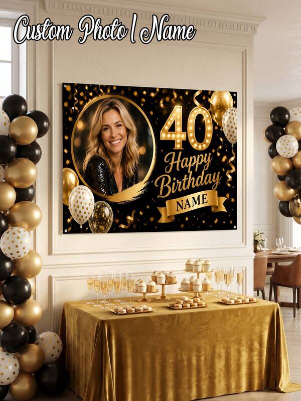 1pc - Customized Birthday Celebration Backdrop, Customized Blue & Gold Theme Printed Poster - Personalized Gold & Colorful Confetti And Star Decorations, Suitable For Celebration Party, Birthday Gathering, Home Decor Background, Customizable Anniversary, Personalized Birthday Party, Customized Photo And Name Poster