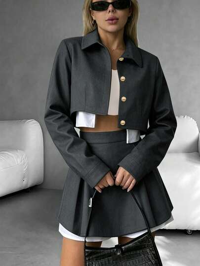 Classy Women's Preppy Two Pieces Outfit, Gray Button Front Cropped Blazer With Collar And Flared Mini Skirt, Stylish Casual Set-Homecoming Elegant