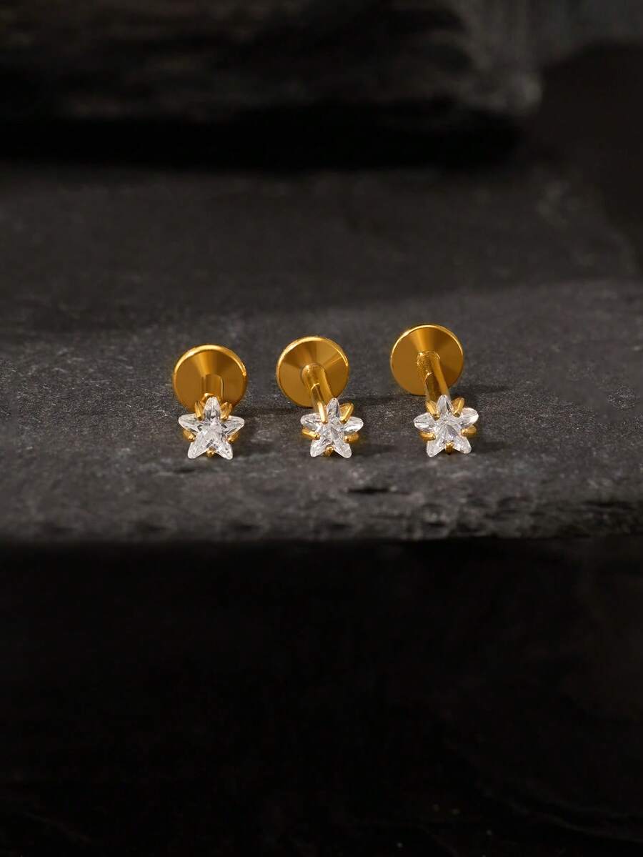 1pc 16G Stainless Steel Zirconia Star Flat Back Screw Stud Earring | Stackable Earring | Cartilage Earring | Lobe Earring | Helix Earring (Not A Pair) - Zirconia Star - View 1