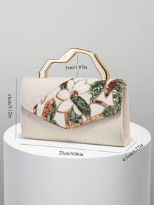 European And American Women's Minimalist Gold Asymmetric Handle Evening Bag, Shiny Multi-Color Leaf & Floral Patchwork Handbag, Small Clutch Bag, Suitable For Matching/Ball/Party/Wedding/Bride/Bridesmaid/Birthday Dress, Handheld Evening Bag, Gift Bag For Women With Metal Chain, Random Pattern - Gold - View 4