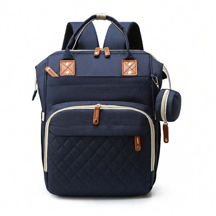 Fashionable Quilted Large Capacity Mommy Backpack; Multi-Functional Traveling Diaper Bag For Moms; Lightweight Multi-Compartment Diaper Bag With Snack & Pacifier Pockets - Navy Blue - View 6