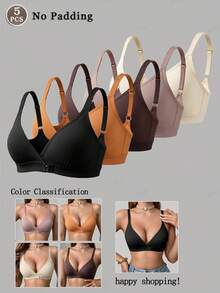 5pcs Women's Comfortable Solid Color Knit Fabric Front Closure Triangle Cup Bra - Multicolor - View 1