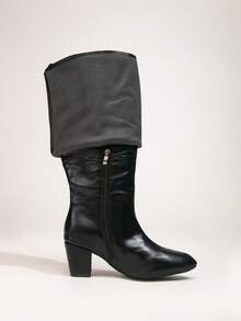 Wide Shaft Tall Boots, Plus Size Wide Fit Zipper Split Design Chunky Heel Pointed Toe High Top Women's Boots - Black Leather Zipper - View 7