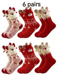 1/3/6/12 Pairs Women's Red Mid-Calf Socks, Printed With Santa Claus, Snowman And Reindeer Patterns, Suitable For Matching Christmas Outfits. - Multicolor - View 12