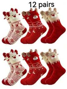 1/3/6/12 Pairs Women's Red Mid-Calf Socks, Printed With Santa Claus, Snowman And Reindeer Patterns, Suitable For Matching Christmas Outfits. - Multicolor - View 10
