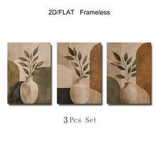3Pcs Unframed Boho Botanical Art Print Set, Neutral Earth Tone Vase Leaf Canvas Posters, Abstract Geometric Shape Wall Ornament, Modern Minimalist Decor For Living Room Bedroom - A - View 4