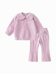 mini bala Autumn Winter Baby Girls Outfit Set Soft Corduroy Collar Top Flared Pants Sweet Daily Matching Look - Pink - View 1