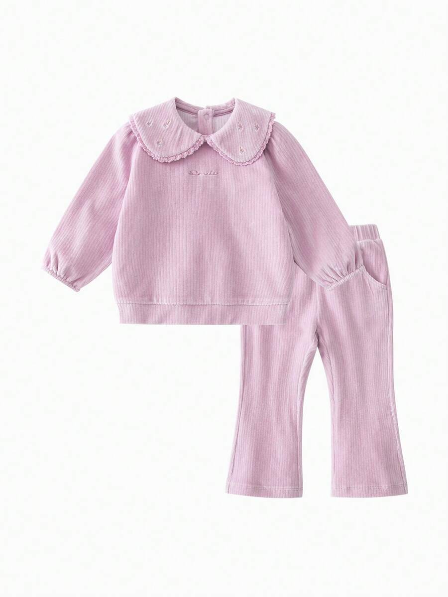 mini bala Autumn Winter Baby Girls Outfit Set Soft Corduroy Collar Top Flared Pants Sweet Daily Matching Look - Pink - View 1
