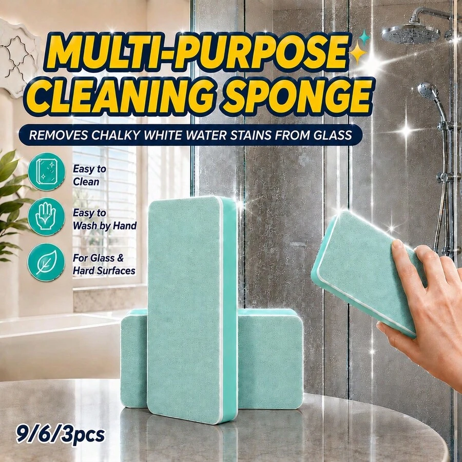 9/6/3pcs Glass Limescale Sponge Scrubber Cleaning Cloth, Suitable For Home Bathroom Mirror, Shower Room Tiles, Floor Wall Cleaning, Easy To Remove Limescale Water Stains Water Marks, Multi-Purpose Window Glass Cleaning Tool - Double-sided Magic Eraser - View 1