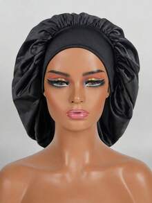 Awegeo 1Pc/2Pcs Women's Large Satin Sleep Cap - Solid Color Elastic Wide Brim Hair Protection Cap, Soft Breathable Silky Fabric, Anti-Slip Comfortable Design, Suitable For Night And Daily Use - Black - View 19