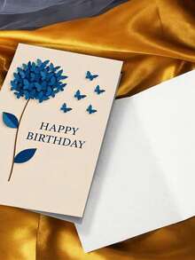1pc, Minimal Aesthetic Navy Blue Floral Butterfly Happy Birthday Greeting Card. Includes Envelope, Writeable Thick Art Paper. Simple Paper Craft Flower & Flying Butterfly Layout. Perfect Gentle Wishes For Female Loved Ones - Multicolor - View 5