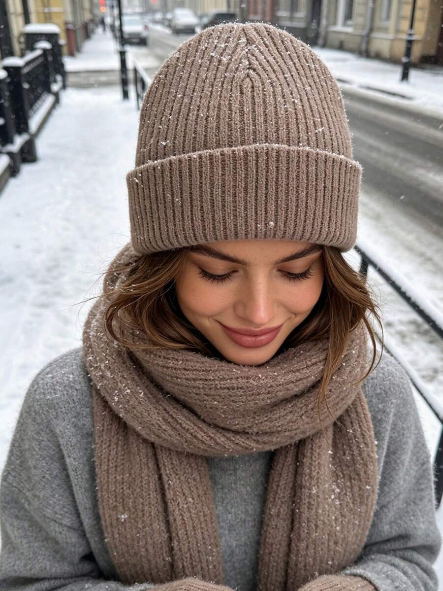 1pc Women's Ribbed Knit Beanie, Solid Color Casual Warm Brimless Hat, Suitable For Daily Streetwear And Outdoor Warmth - Ribbed Solid Color - View 1