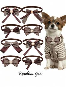 2/6Pcs Vintage Houndstooth Pearl Pet Bow Ties, British Style Adjustable Ribbon Collar Decor For Small & Medium Dogs & Cats, Pet Photoshoot Props For Daily & Party, Sweet Gifts For Pet Birthday, Valentine's Day & Christmas - Multicolor - View 9