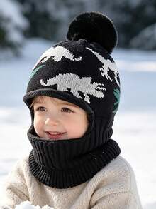 Children's Ear Protection Hat Winter Thermal Lined Thickened Baby Scarf Integrated Hat Unisex Windproof Warm Knitted Knitted Hat - Dinosaur  With Hood - View 4