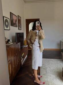 女款麂皮卡其色長袖立領蛇紋鈕扣開襟外套，喇叭下擺，秋冬穿搭必備 - 卡其色 - 查看 6