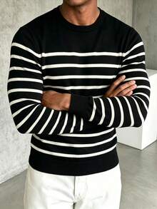 ZYNTH BALENO Men's Fashion Striped Crew Neck Long Sleeve Sweater, Suitable For Fitness, Workout, Sports, Black - Black - View 2