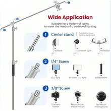 Heavy Duty Stainless Steel 10ft C-Shape Light Stand, Adjustable Height & Sturdy Base, Compatible With Softbox, Reflector, Photography/ Studio Lighting Equipment, Includes Adjustable Arm And Clamp - Silver - View 3