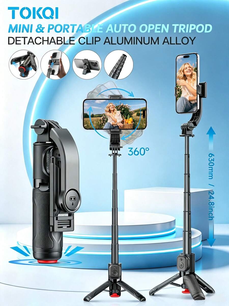 TOKQI Mini Selfie Stick With Auto Open Tripod,Wireless Bluetooth Wireless Remote Control, Detachable 360° Rotation Phone Holder,Extended Ground Stand Suitable For Smartphones Vlogging,Vacation,Travel,Holiday,Family Party,Recording,Shooting