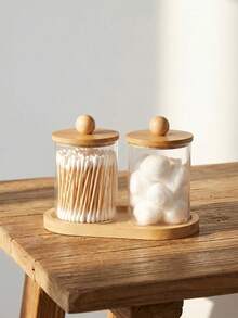 10oz Cotton Swab/Cotton Ball/Cotton Pad Storage Jar (1/2/3pcs Set) - Apothecary Style Cotton Swab Storage Bottle With Bamboo Lid | Transparent Bathroom Organizer Container - Multicolor - View 10