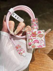 Pink Christmas Gingerbread Man Theme Pattern, For IPhone18W/20w Transparent Charger Protective Case, For IPhone13/14/15 Charger Protective Case, 20W Charger Protective Set, Cable Protective Sleeve, Charging Cable Head Protective Sleeve, Gift, Transparent Protective Case, Charger Protective Shell - Multicolor - View 2