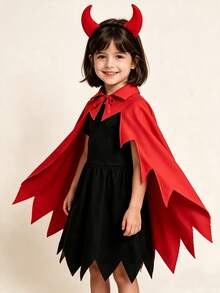 Children's Halloween Devil Cape Set, Red Little Devil Cloak + Horn Headband, Cos Stage Costume - Multicolor - View 2