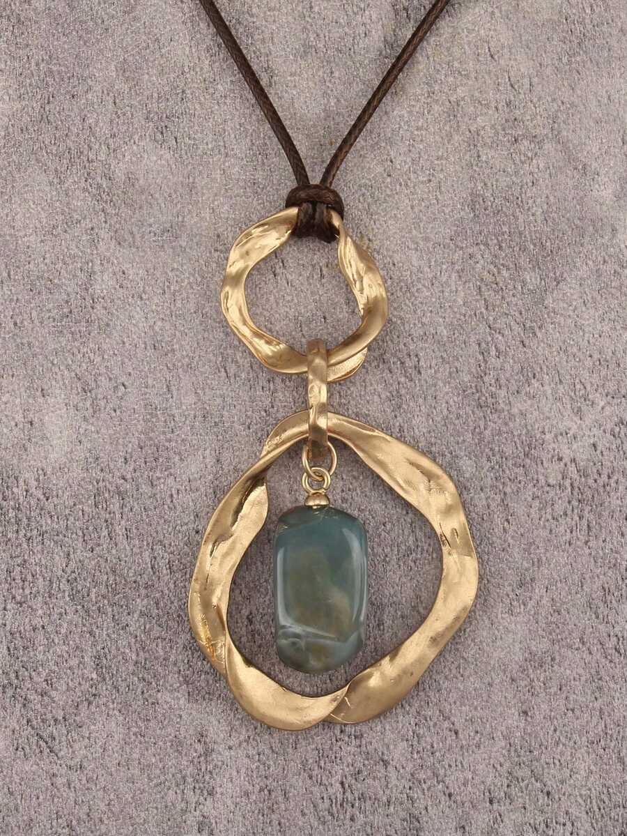 1pc Bohemian Vacation Style Double-Loop Twisted Geometric Pendant Necklace, Textured Resin Faux Stone Neck Chain, Casual Holiday Travel Accessory For Women, Halloween Christmas Festival Gift For Girlfriend/Boyfriend - Wax Rope - View 1