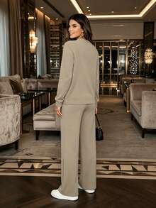 Setelan 2 Potong Wanita Warna Polos Baru, Kasual, Elegan, dengan Kantong, Cocok untuk Olahraga, di Rumah, dan Pakaian Sehari-hari, Musim Gugur/Dingin - Grey - View 2