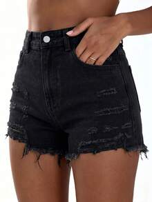 STLY Women's High Waist Slightly Stretchy Distressed Classic Vintage Nostalgic Street Style Hot Girl Rebellious Ripped Frayed Design Sense Black - Black - View 3