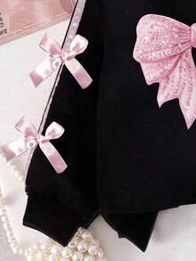 Young Girl Ribbon Bow Decor Round Neck Long Sleeve Top And Long Pants - Black - View 3