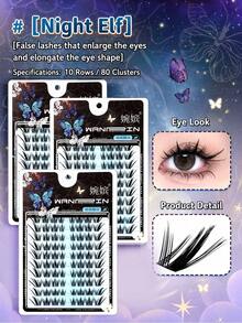 WANPIN WAN PIN Dark Elf 10 Rows 80 Clusters False Eyelashes, Natural Lightweight Cluster Lashes, Easy To Wear, Suitable For Beginners, Comfortable Segmented Eyelashes - C - View 7